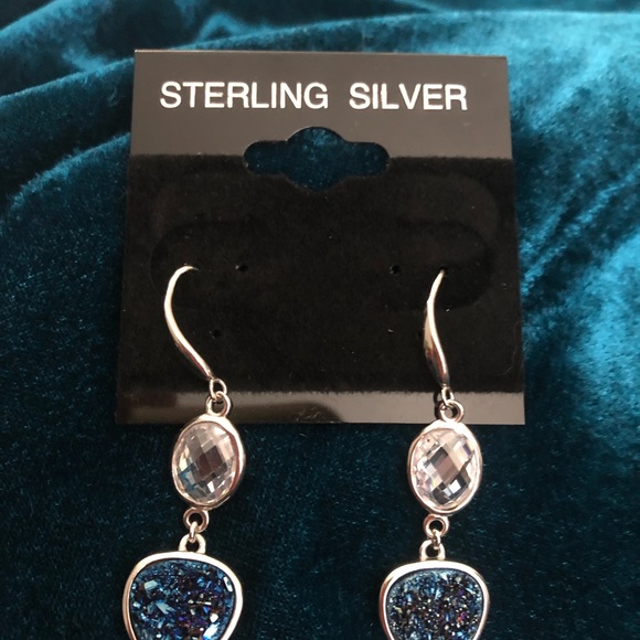 Titanium Druzy Agate & Quartz Sterling Silver French Hook Earrings - Picture 2 of 5